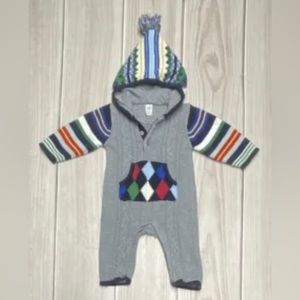 Baby Gap Boys 3-6 Months One Piece Sweater Romper Hood Argyle Stripe